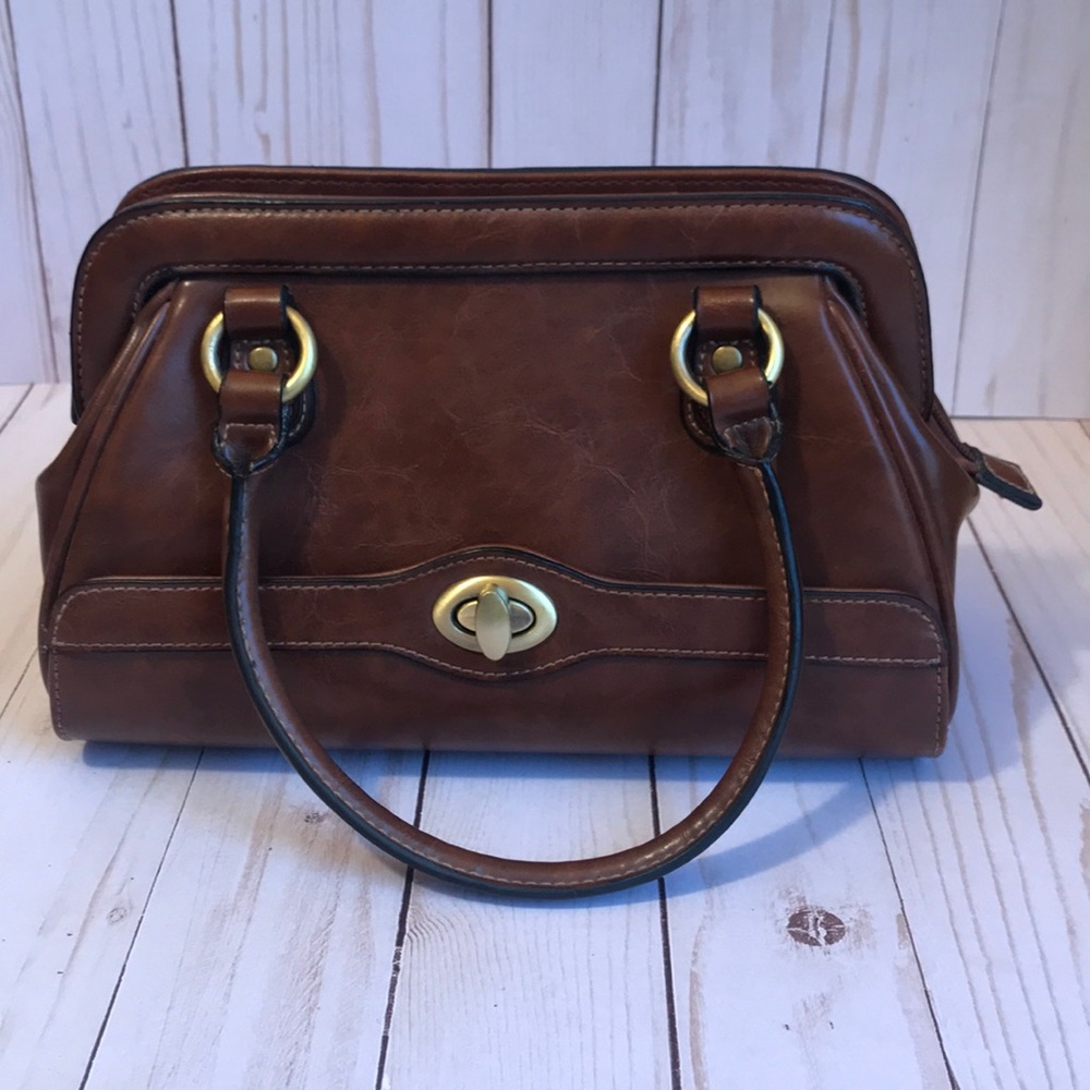 3 For $12Brown Leather Turn-Lock Satchel Handbag